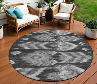 8' Black Charcoal And Silver Round Southwestern Washable Indoor Outdoor Area Rug