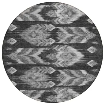 8' Black Charcoal And Silver Round Southwestern Washable Indoor Outdoor Area Rug