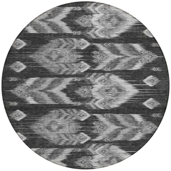 8' Black Charcoal And Silver Round Southwestern Washable Indoor Outdoor Area Rug