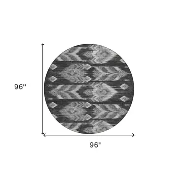 8' Black Charcoal And Silver Round Southwestern Washable Indoor Outdoor Area Rug
