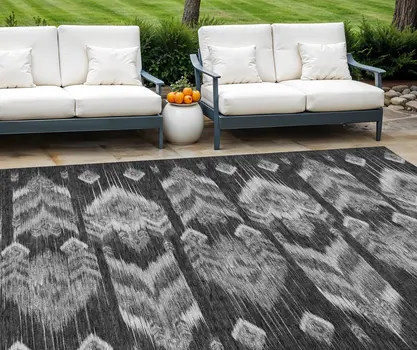 9' X 12' Black Charcoal And Silver Southwestern Washable Indoor Outdoor Area Rug