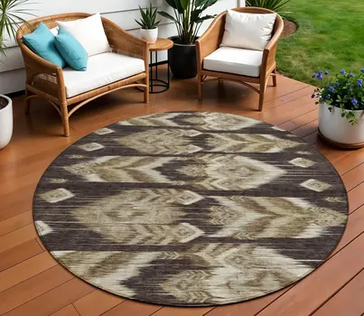 8' Brown Beige And Taupe Round Southwestern Washable Indoor Outdoor Area Rug