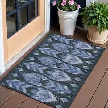3' X 5' Denim Blue And Sky Blue Southwestern Washable Indoor Outdoor Area Rug