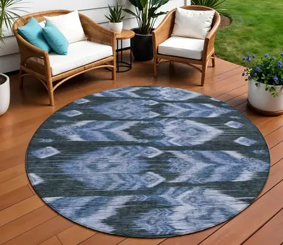 8' Denim Blue And Sky Blue Round Southwestern Washable Indoor Outdoor Area Rug