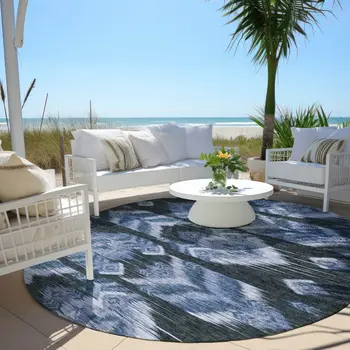 8' Denim Blue And Sky Blue Round Southwestern Washable Indoor Outdoor Area Rug