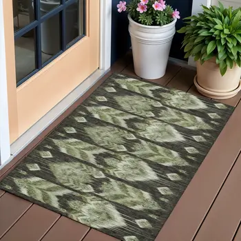 3' X 5' Olive Green And Artichoke Green Southwestern Washable Indoor Outdoor Area Rug