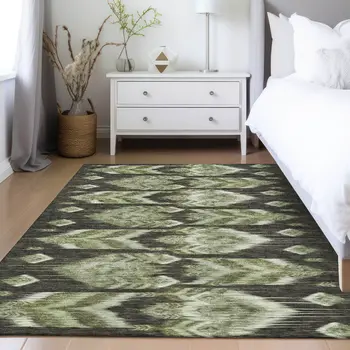 5' X 8' Olive Green And Artichoke Green Southwestern Washable Indoor Outdoor Area Rug