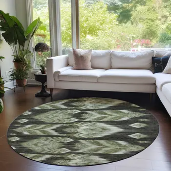 8' Olive Green And Artichoke Green Round Southwestern Washable Indoor Outdoor Area Rug