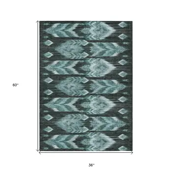 3' X 5' Teal Blue Aqua And Charcoal Southwestern Washable Indoor Outdoor Area Rug