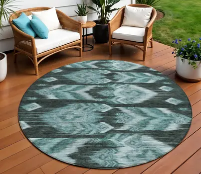 8' Teal Blue Aqua And Charcoal Round Southwestern Washable Indoor Outdoor Area Rug