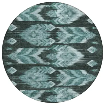 8' Teal Blue Aqua And Charcoal Round Southwestern Washable Indoor Outdoor Area Rug
