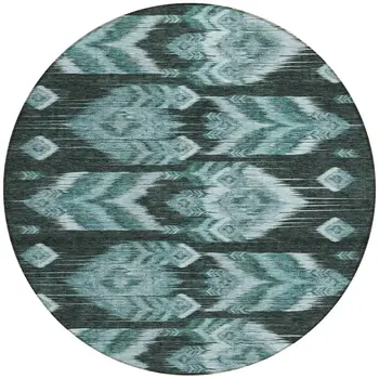 8' Teal Blue Aqua And Charcoal Round Southwestern Washable Indoor Outdoor Area Rug