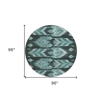 8' Teal Blue Aqua And Charcoal Round Southwestern Washable Indoor Outdoor Area Rug