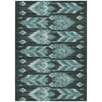 8' X 10' Teal Blue Aqua And Charcoal Southwestern Washable Indoor Outdoor Area Rug