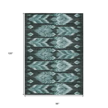 8' X 10' Teal Blue Aqua And Charcoal Southwestern Washable Indoor Outdoor Area Rug