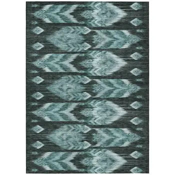 8' X 10' Teal Blue Aqua And Charcoal Southwestern Washable Indoor Outdoor Area Rug