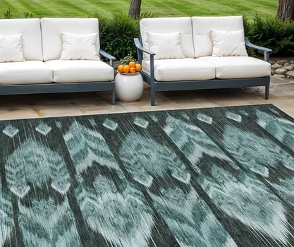 9' X 12' Teal Blue Aqua And Charcoal Southwestern Washable Indoor Outdoor Area Rug