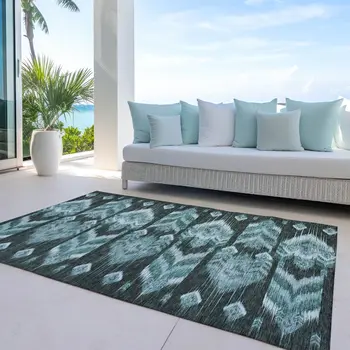 10' X 14' Teal Blue Aqua And Charcoal Southwestern Washable Indoor Outdoor Area Rug