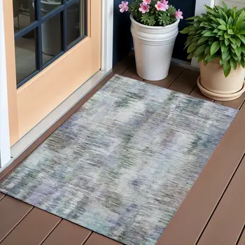 3' X 5' Green Gray And Purple Abstract Washable Indoor Outdoor Area Rug
