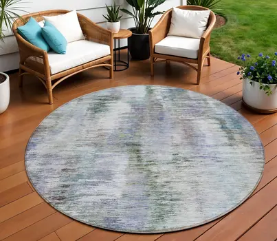8' Green Gray And Purple Round Abstract Washable Indoor Outdoor Area Rug