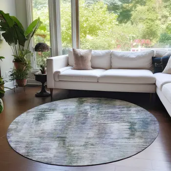8' Green Gray And Purple Round Abstract Washable Indoor Outdoor Area Rug