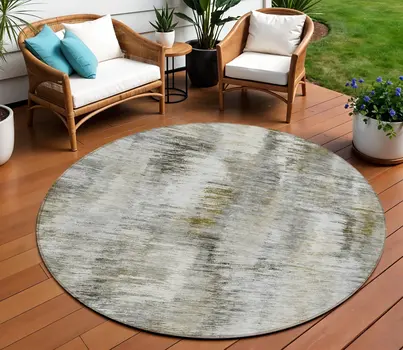 8' Brown And Taupe Round Abstract Washable Indoor Outdoor Area Rug
