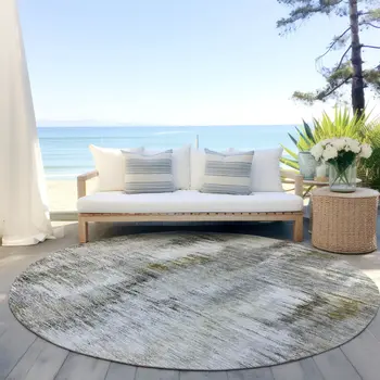 8' Brown And Taupe Round Abstract Washable Indoor Outdoor Area Rug
