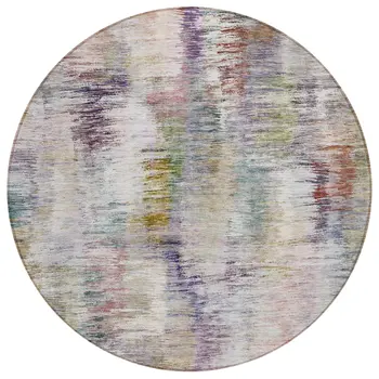 8' Plum Purple And Ivory Round Abstract Washable Indoor Outdoor Area Rug