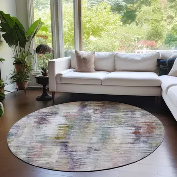 8' Plum Purple And Ivory Round Abstract Washable Indoor Outdoor Area Rug