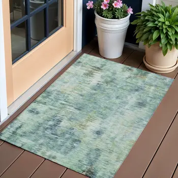3' X 5' Teal Blue Green And Ivory Abstract Washable Indoor Outdoor Area Rug