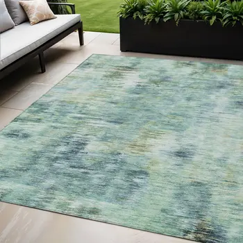5' X 8' Teal Blue Green And Ivory Abstract Washable Indoor Outdoor Area Rug