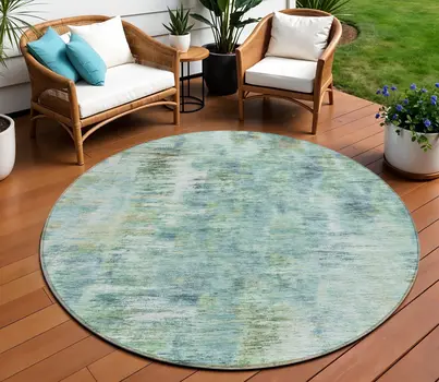 8' Teal Blue Green And Ivory Round Abstract Washable Indoor Outdoor Area Rug