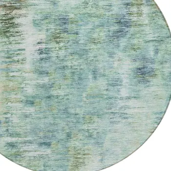 8' Teal Blue Green And Ivory Round Abstract Washable Indoor Outdoor Area Rug