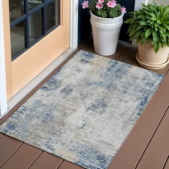 3' X 5' Denim Blue And Sky Blue Abstract Washable Indoor Outdoor Area Rug