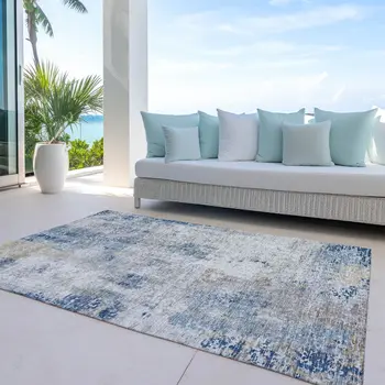 3' X 5' Denim Blue And Sky Blue Abstract Washable Indoor Outdoor Area Rug