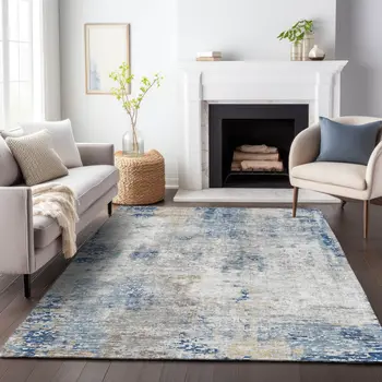 10' X 14' Denim Blue And Sky Blue Abstract Washable Indoor Outdoor Area Rug