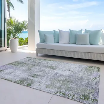 5' X 8' Olive Green And Gray Abstract Washable Indoor Outdoor Area Rug