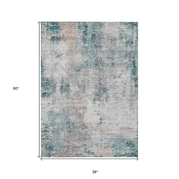 3' X 5' Teal Blue Beige And Copper Abstract Washable Indoor Outdoor Area Rug