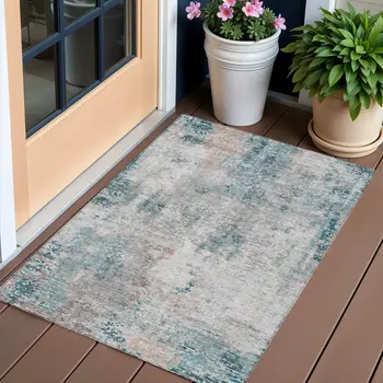 3' X 5' Teal Blue Beige And Copper Abstract Washable Indoor Outdoor Area Rug