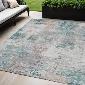 5' X 8' Teal Blue Beige And Copper Abstract Washable Indoor Outdoor Area Rug