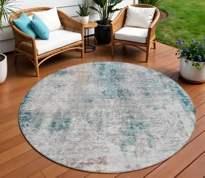 8' Teal Blue Beige And Copper Round Abstract Washable Indoor Outdoor Area Rug