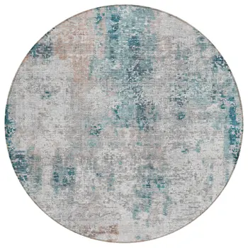 8' Teal Blue Beige And Copper Round Abstract Washable Indoor Outdoor Area Rug
