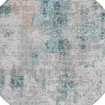 8' Teal Blue Beige And Copper Round Abstract Washable Indoor Outdoor Area Rug