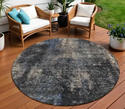 8' Charcoal Gray And Silver Round Abstract Washable Indoor Outdoor Area Rug