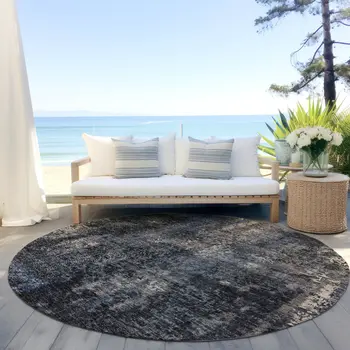 8' Charcoal Gray And Silver Round Abstract Washable Indoor Outdoor Area Rug