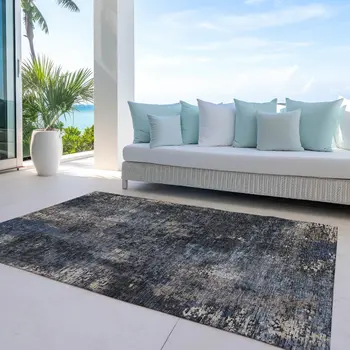 8' X 10' Charcoal Gray And Silver Abstract Washable Indoor Outdoor Area Rug