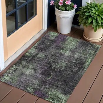 3' X 5' Gray Purple And Charcoal Abstract Washable Indoor Outdoor Area Rug