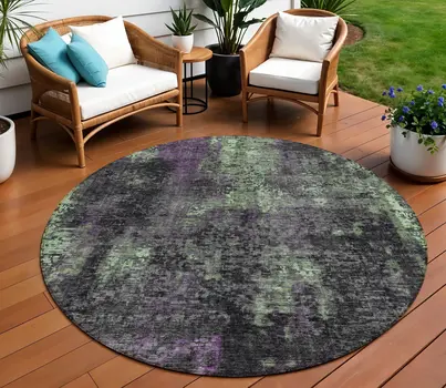 8' Gray Purple And Charcoal Round Abstract Washable Indoor Outdoor Area Rug