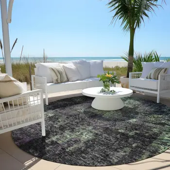 8' Gray Purple And Charcoal Round Abstract Washable Indoor Outdoor Area Rug