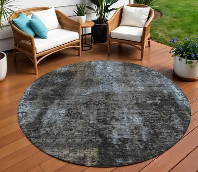 8' Graphite Charcoal And Silver Round Abstract Washable Indoor Outdoor Area Rug